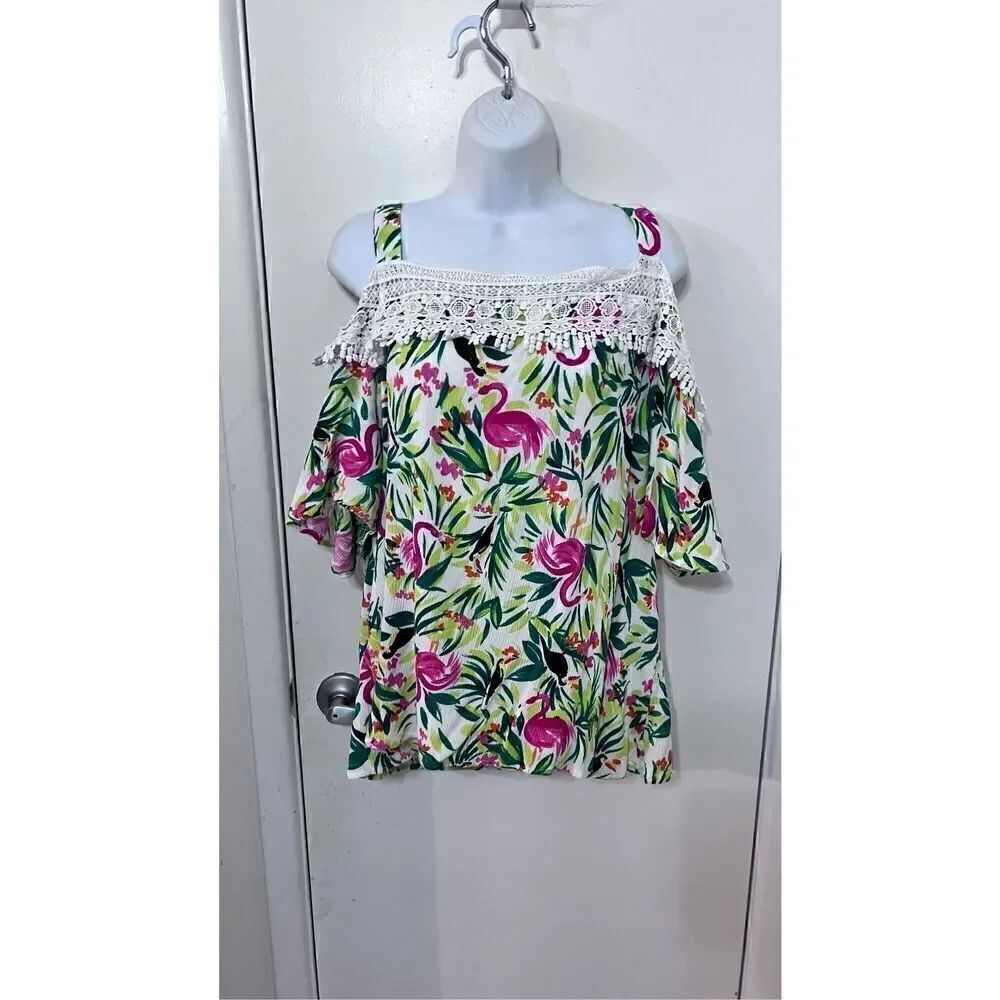 HAILEY LYN OFF TGE SHOULDER FLAMINGO TOP SIZE 1XL